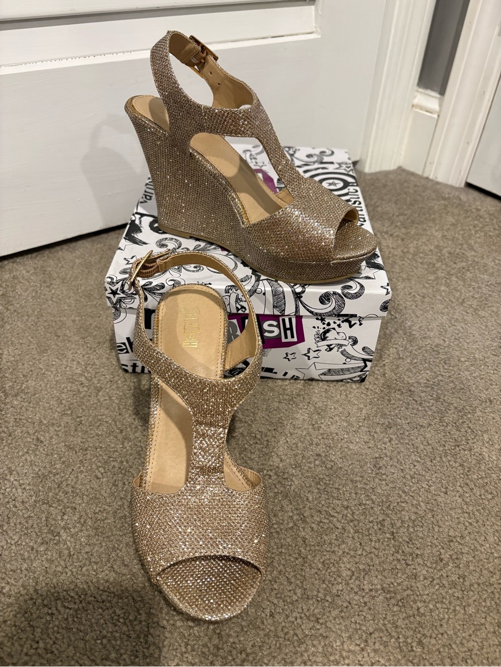 Brash Champagne Sparkle Wedge Sandals